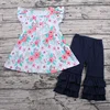 New girl casual spring dress rose printed button decorate flying sleeve dress with dark blue pants children boutique clothing