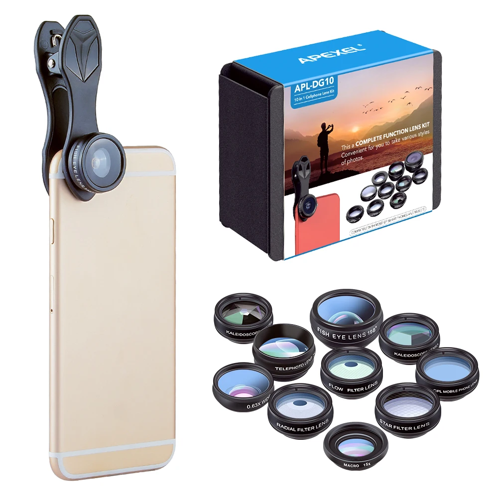 Apexel complete function phone camera lens 10 in 1 mobile lens kit for photography, Black
Apexel complete function phone camera lens 10 in 1 mobile lens kit for photography, Black