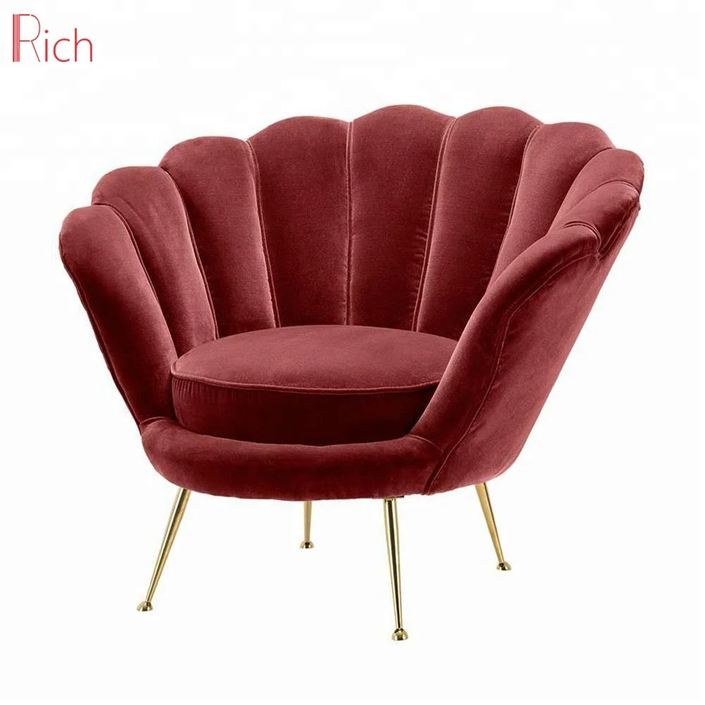 Mobiliário chinês Sala de estar Cadeira Shell de Aço Inoxidável Pernas de Veludo Vermelho 1 Seater Sofa