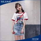 Hip Length Lady Graphic Two Pockets Mini Skirts Jeans For Women