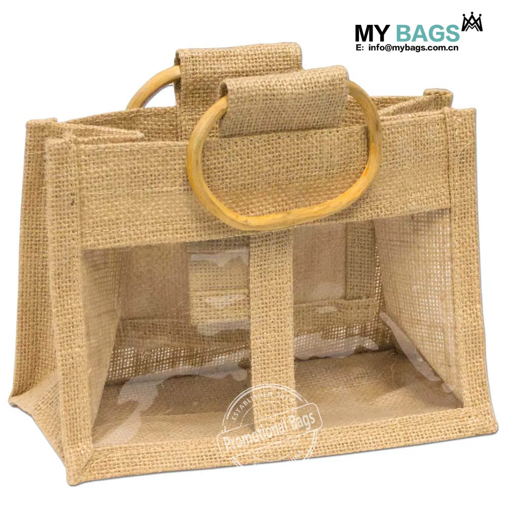 Eco-Friendly wooden handle personalized jute bag with window