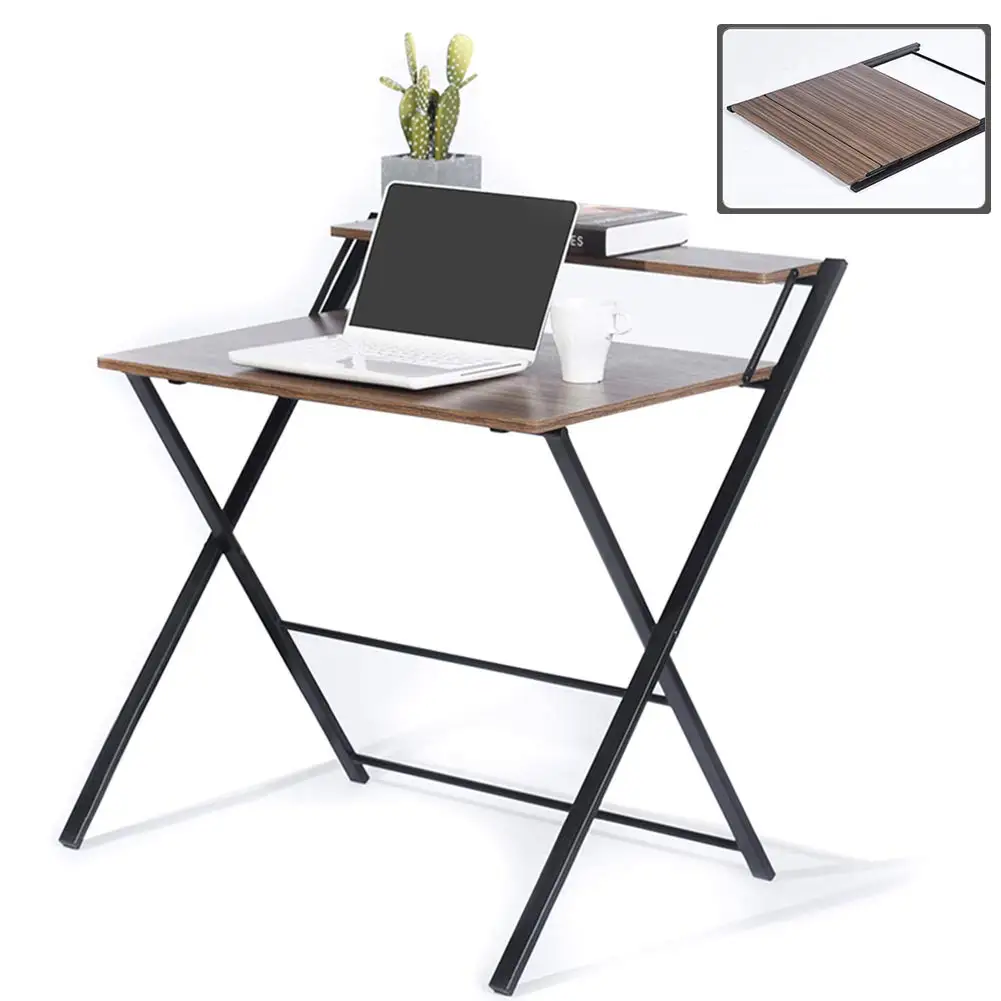 Home Office Foldable Computer Office Desk With Shelf Metal Legs