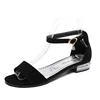 China wholesale fancy flat sandals women ankle straps peep toe oem suede low price ladies sandals