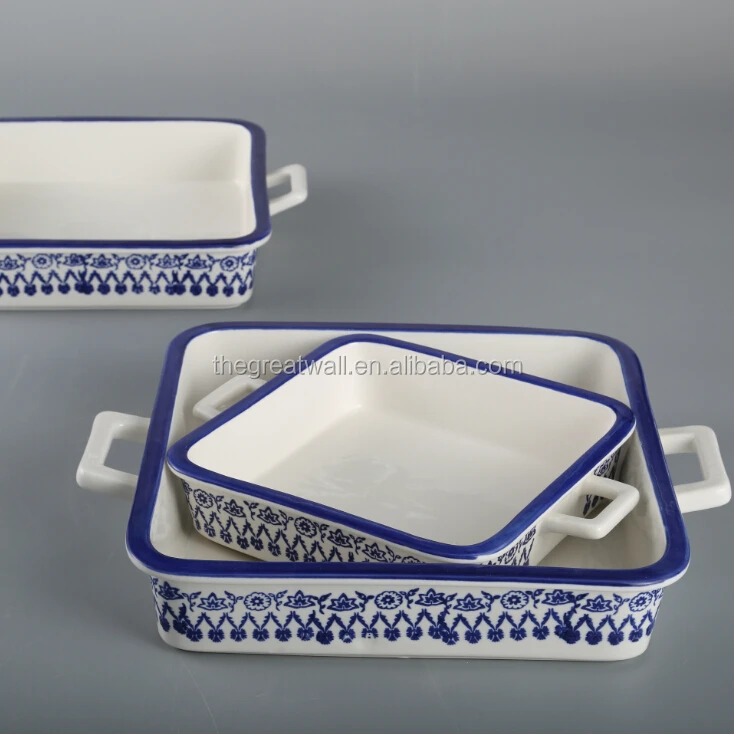 Blue and white porcelain, square bakeware set with handle, microwave safe baking casserole