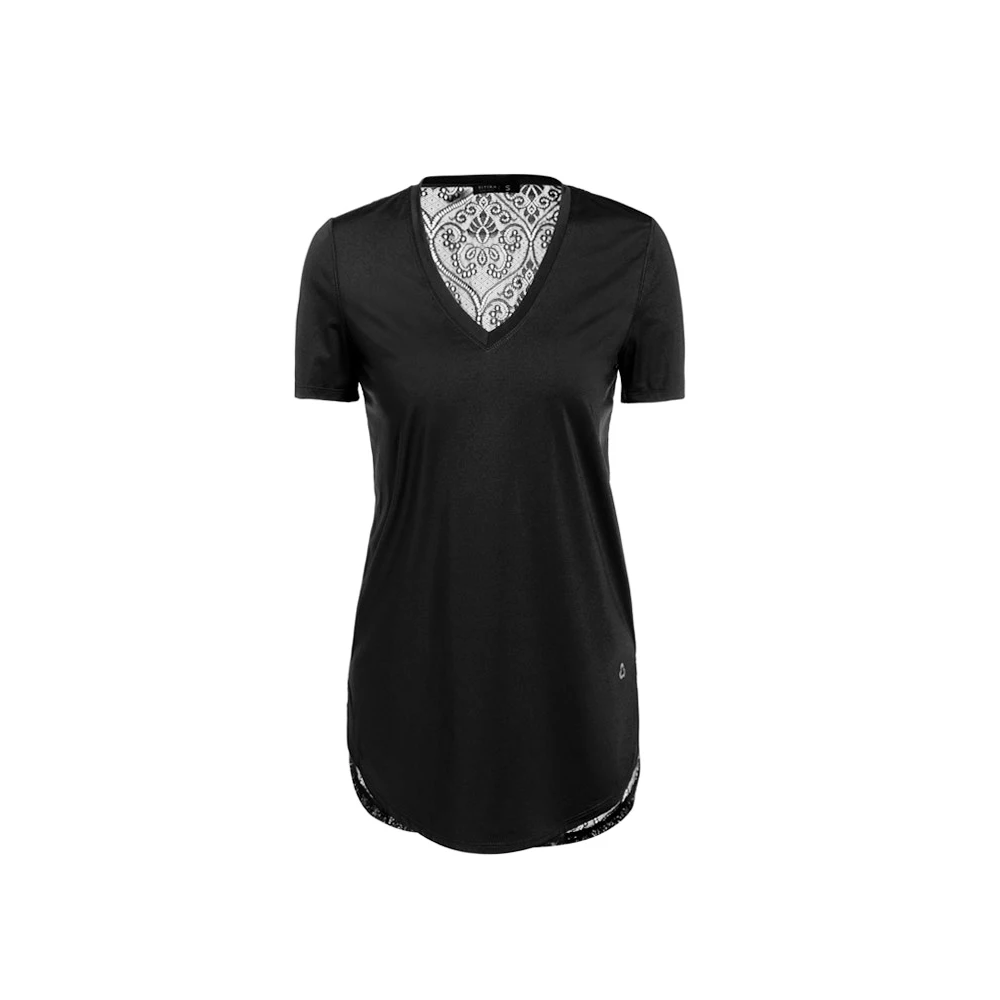 2018 Women Black Color Lace Back Polyamide Short Sleeve V Neck Sport Wear Yoga Fitness Tops T Shirt