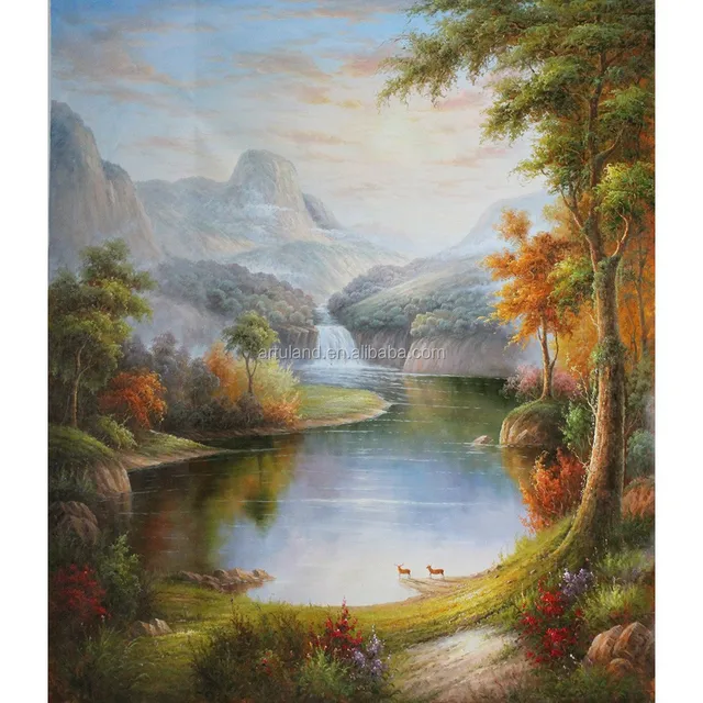 colorful chinese mountain scenery oil painting with water art