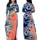 Guangzhou factory wholesale new floral designs women print deep neck sexy long sleeve maxi dresses
