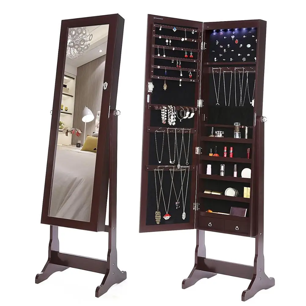 New Wooden Mirror Jewelry Cabinet Free Standing Mirror With