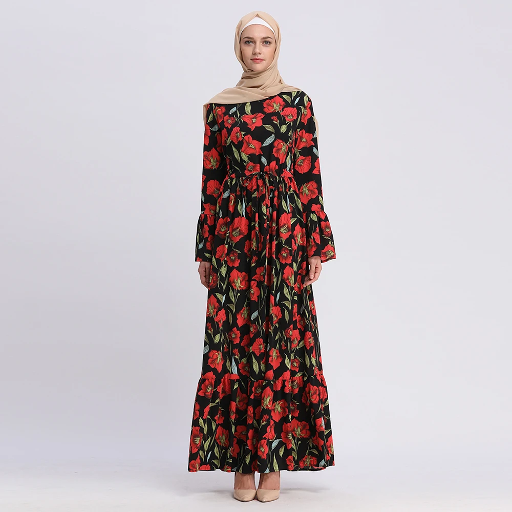 نمط جديد الملابس ماكسي الأزهار المطبوعة الأحمر مخصص طباعة قفطان مسلم الشتاء فستان الزفاف الإسلامي