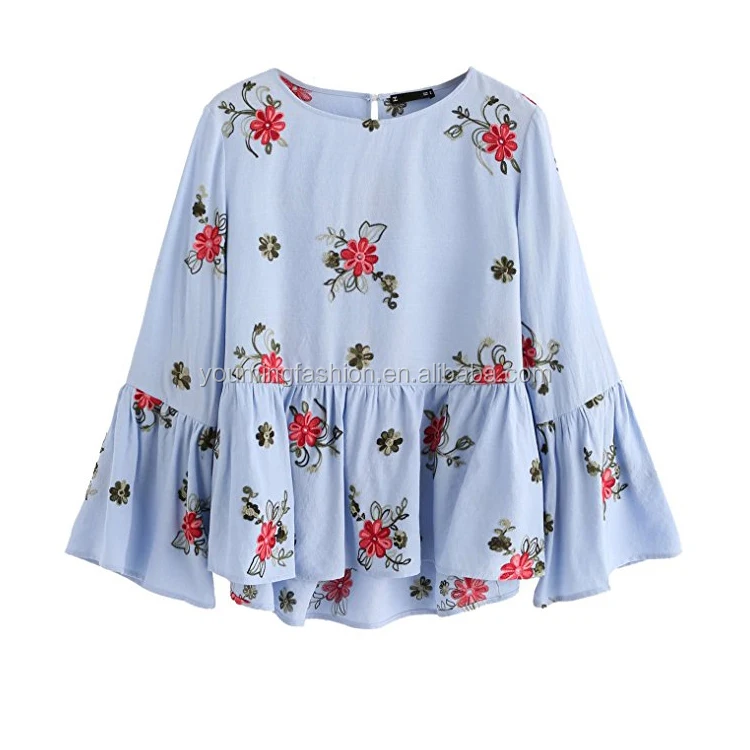 Women's Loose Long Sleeve linen Flower Embroidered Ruffle Hem Babydoll blouse Top