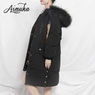 Black Puffy Real Fur Hood Lady Luxury Down Coat For Winter