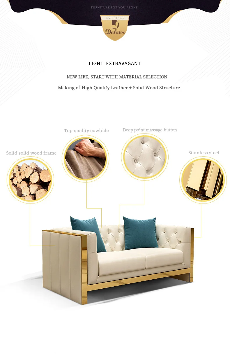 Modern Leather Upholstered Sofa Couch for the Living Room With Golden Stainless Steel Metal Leg Base