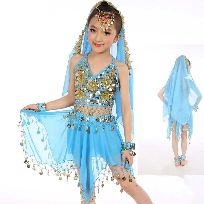 फैशन 5 Piece बच्चों नृत्य कपड़े पेट नृत्य पोशाक में सबसे ऊपर है/पतलून/घूंघट/सिर श्रृंखला/कंगन/पायल ZH2053