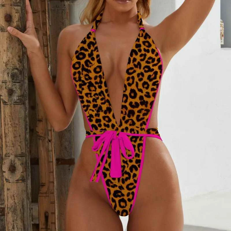 

2019 Sexy Leopard Print Halter Backless High Cut Out Monokini Women Bathing Suits Bikini One Pieces Swimsuits Swimwear Wholesale, Leopard,green,black,khaki