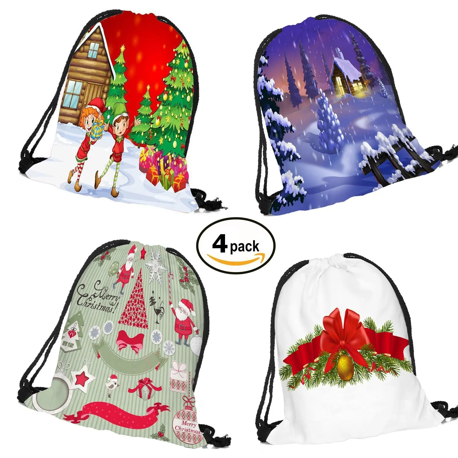 christmas drawstring bags, christmas bundle of 4 drawstring gift