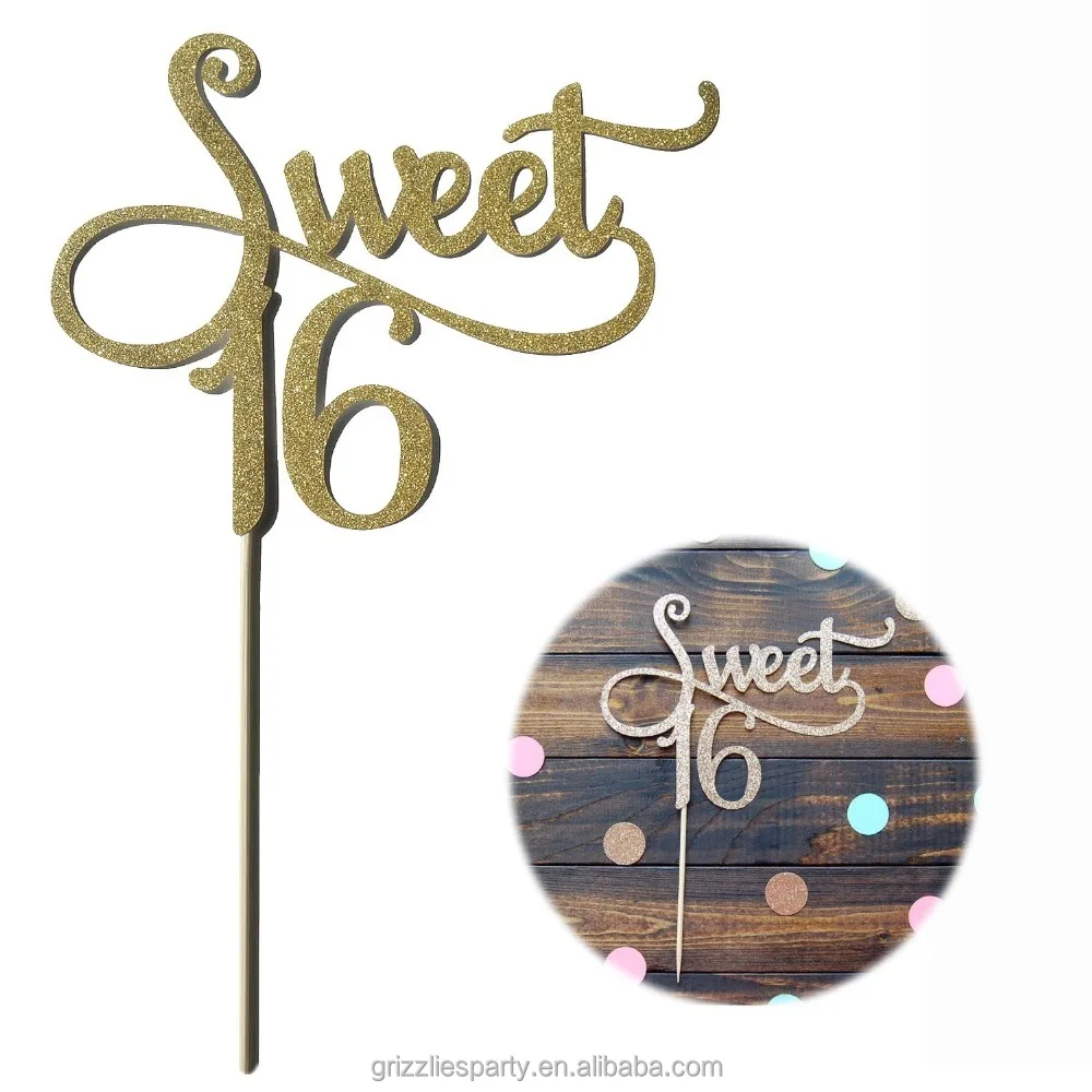 gold monogram sweet 16 cake topper, 16th birthday anniversary