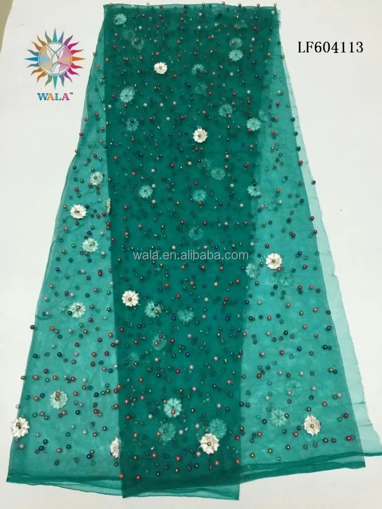 LF604113-5 Full beads african tulle lace fabric Mixed color beads aqua net lace for party