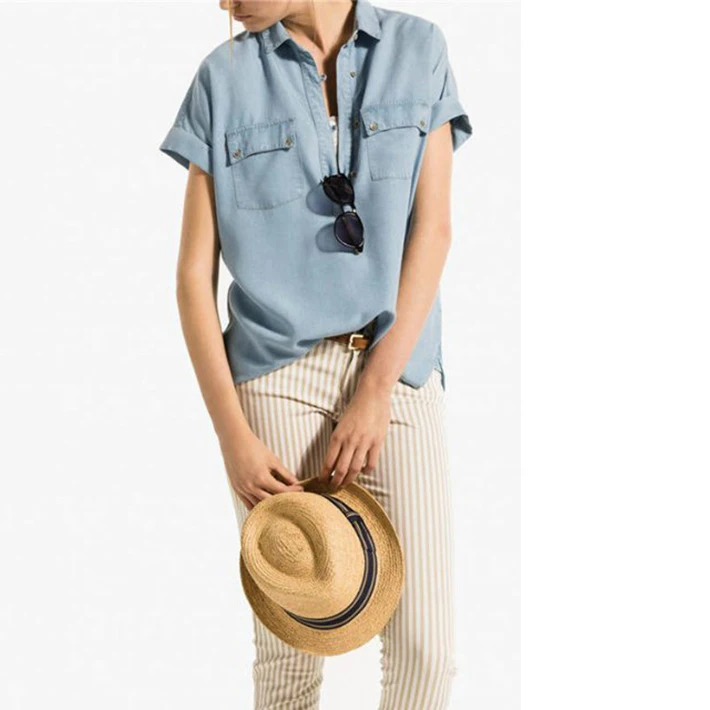 women's short sleeve denim tops