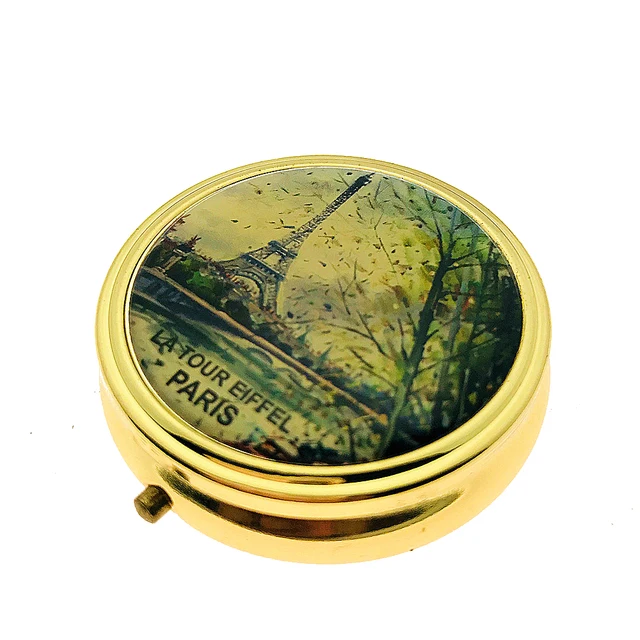 Souvenir Gift, Round Shape Metal Medicine Storage Case Small Wallet Weekly Japanese Pill Box With Mirror