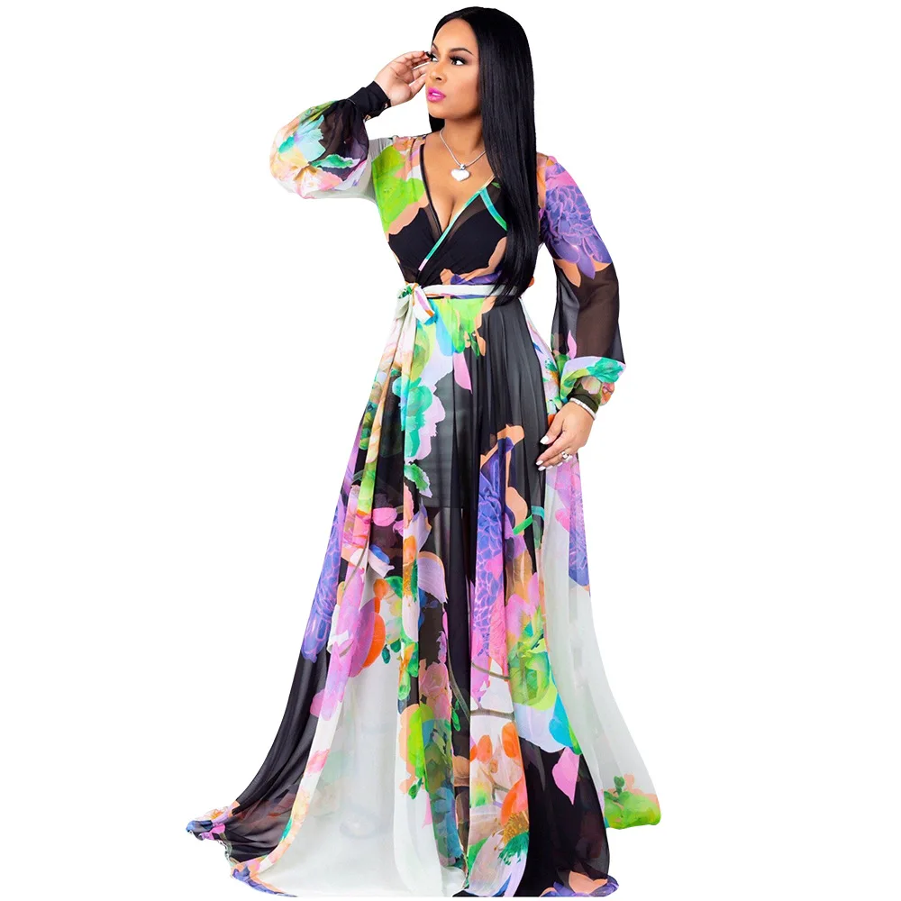 Women clothing stylish chiffon v-neck floral printed maxi plus size dress with waist belt, 9 colors
Women clothing stylish chiffon v-neck floral printed maxi plus size dress with waist belt, 9 colors