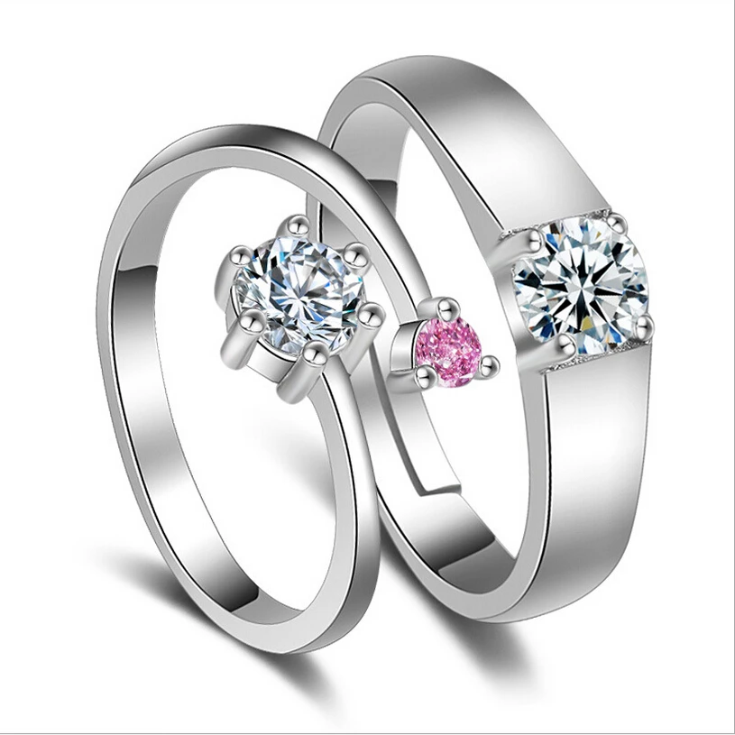 Romantic simple zircon couple silver ring pink CZ ring, N/a
