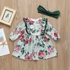Wholesale cheap price good quality cute lovely long sleeve red flower print ruffled spanish girls dress with bow headband