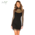 Sexy Women Fashion Clothing Black Long Sleeve Mini Bodycon Fishnet Dress