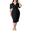 Fashion Plus Size Black Solid Color V Neck Midi Casual Dress Women Casual