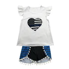 2019 summer toddler girls boutique outfits wholesale flutter sleeve top and pompom shorts set