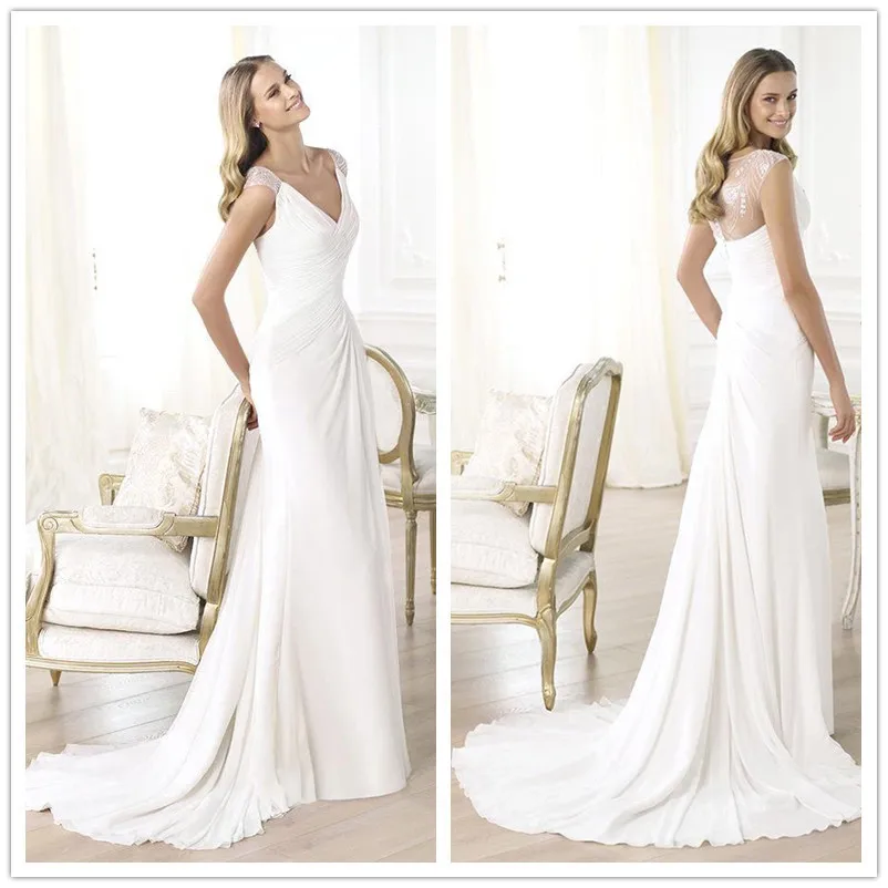 Romantic Wedding Gowns White Chiffon V Neck Beaded Sheer Sleeves A Line Court Train Wedding Dress vestidos de novia casamento