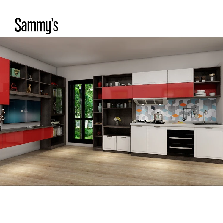 High Gloss Red Lacquer Kitchen Cabinet Round Shape Island Design