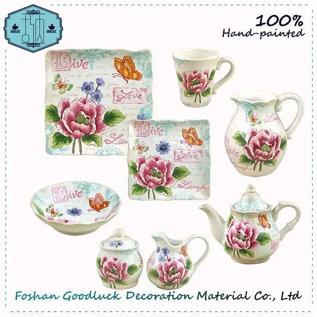 Famous Hand Drawing Peony Pattern Red Ceramic Online Crockery Set