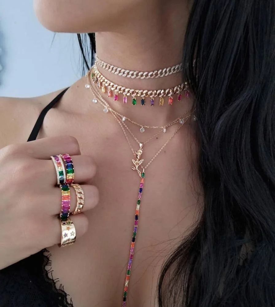 

micro pave cz iced out Miami Cuban link chain rainbow drop Rock hip hop women chain choker necklace, Customized