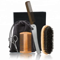 

Wholesale 4pcs wooden foldable beard comb and brush set grooming kit with small beard shear scissor private label