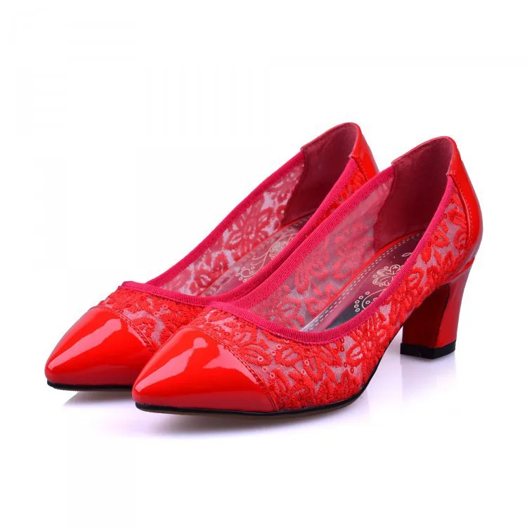 New Arrival 2015 Sexy Brand Full Grain Leather Red Wedding Women Shoes Mesh low Heel Flower Bridal Lace Shoes Basic Pumps XG59