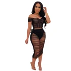 Sexy club off shoulder bodysuit mesh see through short sleeve ruffle bandage 2 piece set dress