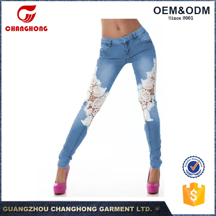Sexy Women Denim Light Blue Skinny Jeans Crochet Lace Party Jeans Pants Trousers (3).png