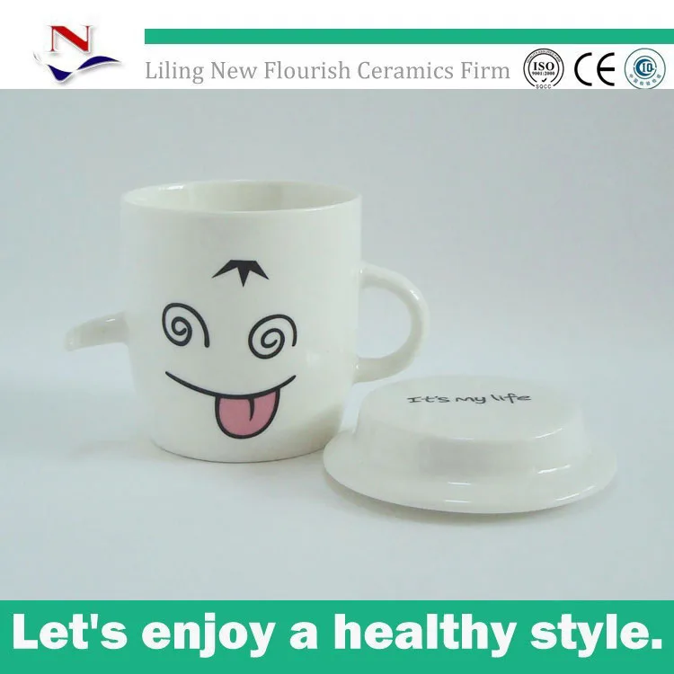 ceramic face mug with cookie holder with two handle and cover for NFA0281