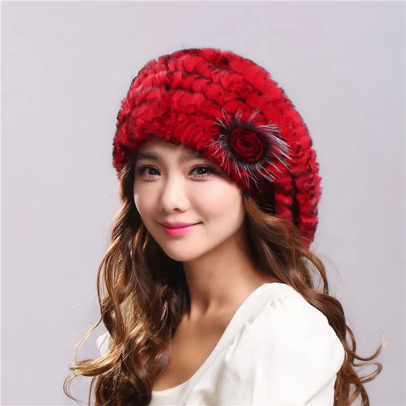 Winter Hat  Women's Genuine Rex Rabbit Fur Hats Beanies Warm Casual Female Knitted Natural Fur Hat Caps  (23)
