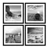 4 Panels Set Framed Canvas Print For Seascape Beach And Boat Sunrise Scenery Black And White Giclee Canvas Print Wall Art