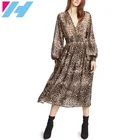 China Wholesale Woman Clothes V-neck Long Sleeve Chiffon Silk Leopard Print Party Maxi Casual Dress