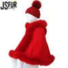 Wholesale Elegant Red Kids Fox Fur Cape Girls Cashmere Poncho With Fox Fur Hooded