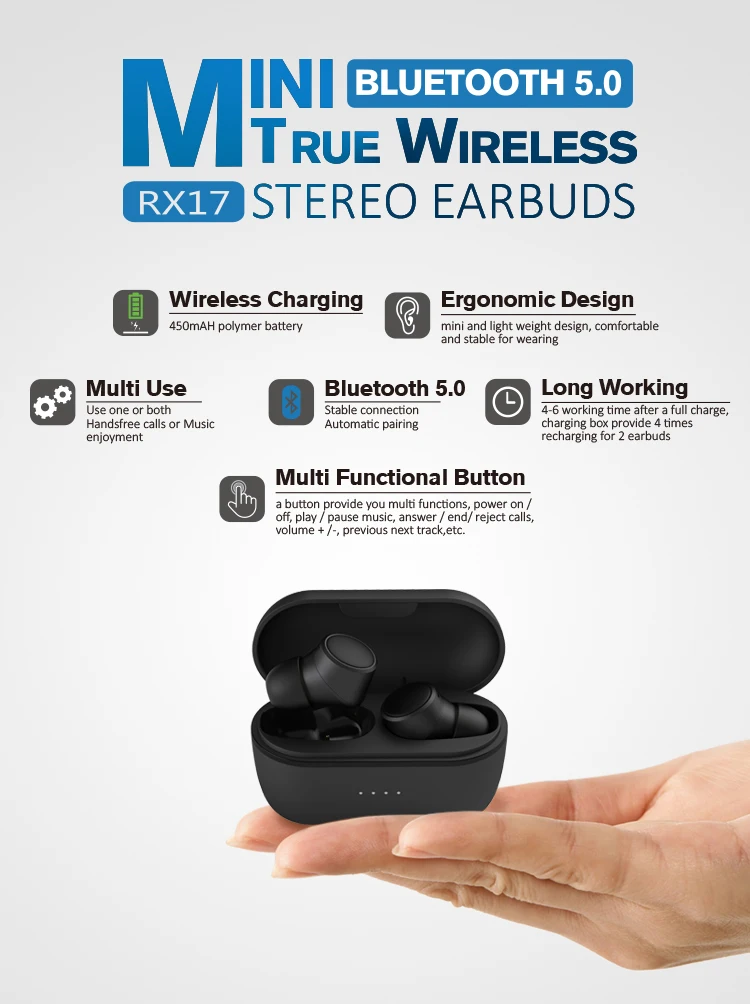 TWS In ear HD Stereo Waterproof MINI Bluetooth 5.0 True Wireless Headphone Earphone Earbuds RX17 - ANKUX.COM