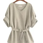 Summer Women Blouses Linen Tunic Shirt V Neck Big Bow Batwing Tie Loose Ladies Blouse Female Top For Tops 5XL 30% off