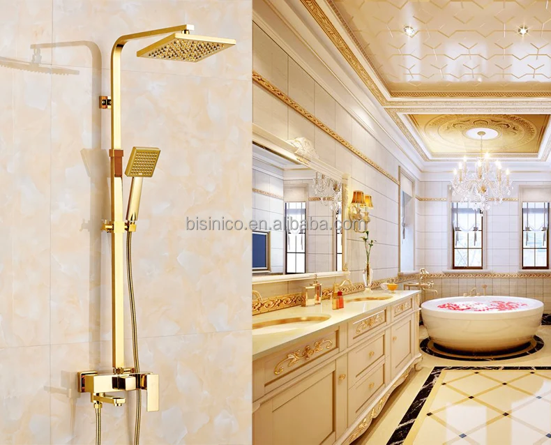 Luxury Brand Full Copper Hot and Cold Bathroom Shower Mixer, Gold Plated Brass Dual Bath Shower and Faucet Set