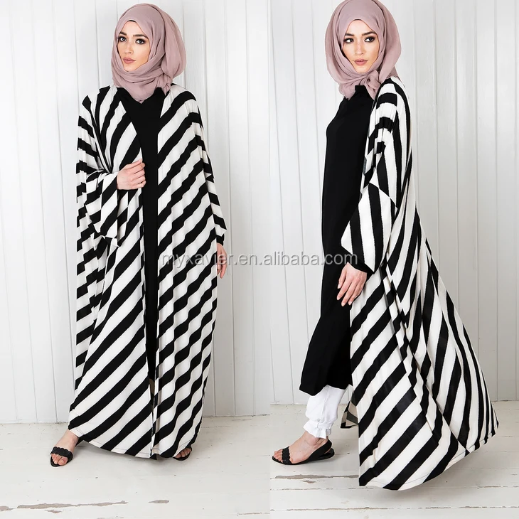 

Latest muslim clothing abaya kimonos fashion oversized easy to wear Kimono abaya, Black/white strip