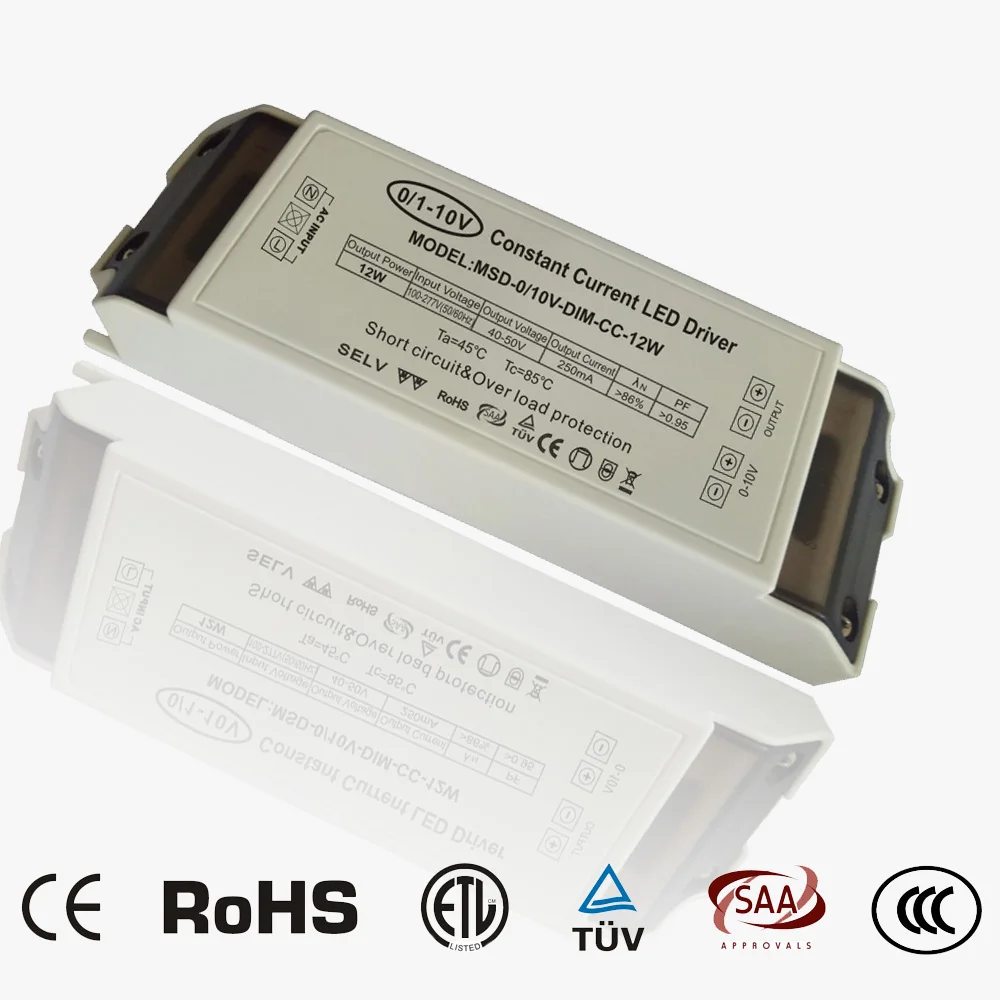 12W 350mA 500mA 700mA PC shell IP40 no flicker PF>0.95 efficiency>88% indoor dimmer 0-10V pwm dimmable led driver power supply