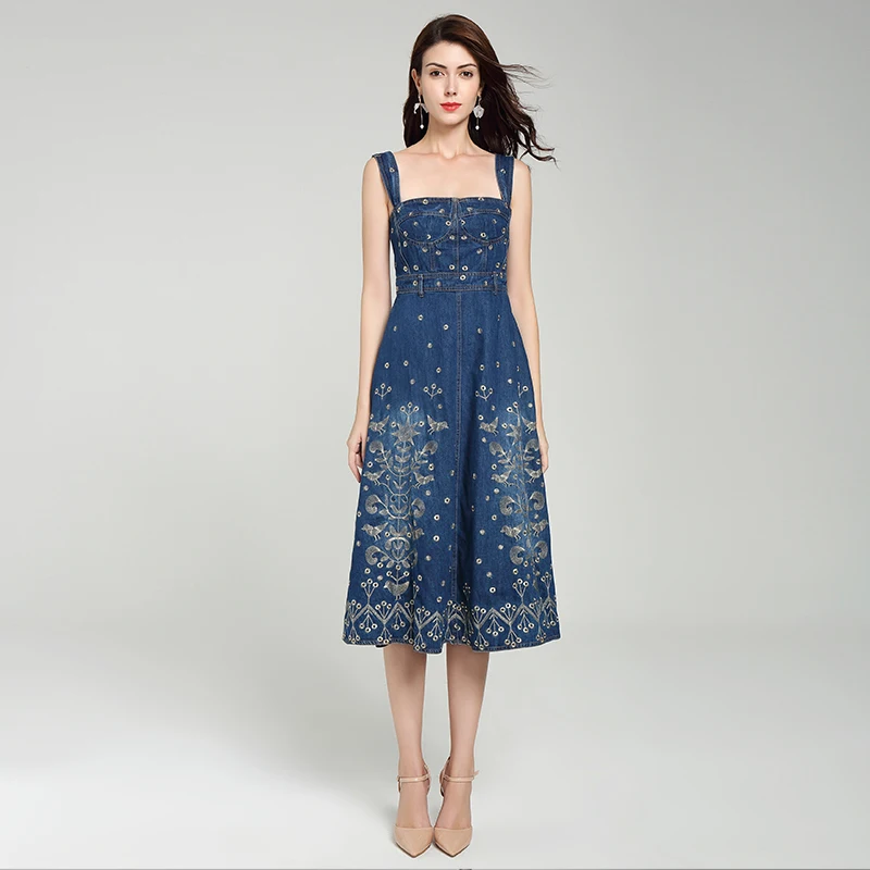 Wholesale Customized Shoulderless Floral Embroidered High Quality Women Denim Dress Wearing in Summer, Blue washed denim
Wholesale Customized Shoulderless Floral Embroidered High Quality Women Denim Dress Wearing in Summer, Blue washed denim
