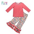 New Arrival Cotton Blank Shirt With Flower Printing Collar And Floral Pattern Kids Pants Girls Baby Clothes Sets Newborn
