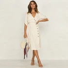 Chinese Clothing Manufacturers Women Linen V Neck Button Midi Wrap Dress